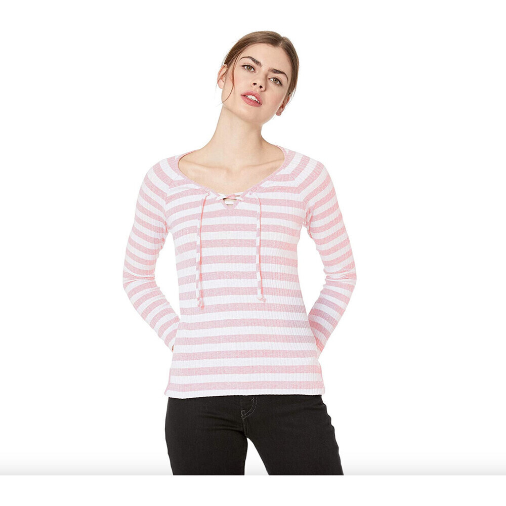 Lucky Brand Women's Lace Up Henley Top In Pink White Stripe Size M